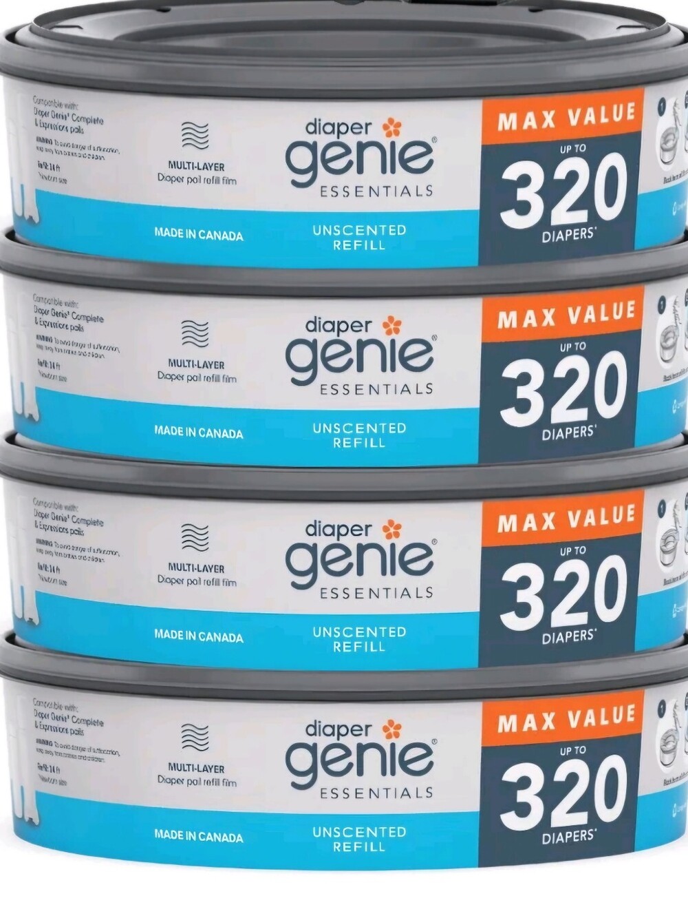 Diaper Genie Essentials 4 Pack Refills Unscented 320 Count Odor Control Bags